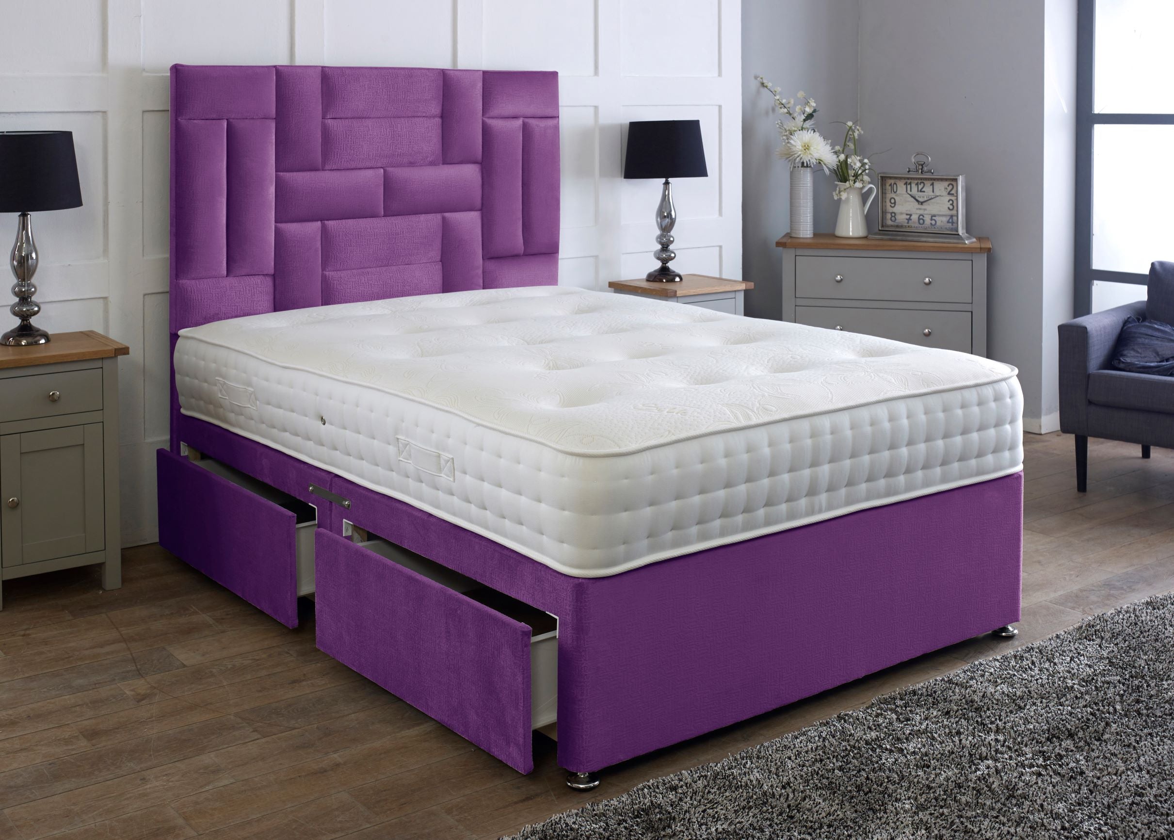 Medusa Divan Bed Finished With 54'' Floorstanding Multi Panel Headboard